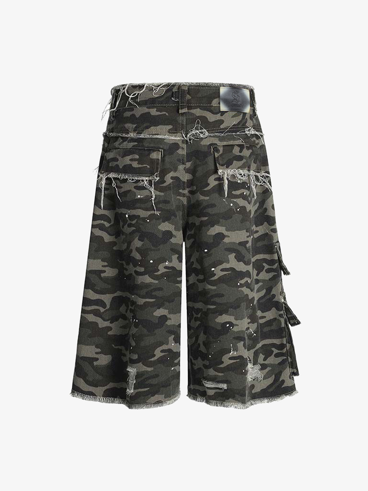 Distressed Camouflage Denim Cargo Shorts with Ripped Details and Embroidered Logo?