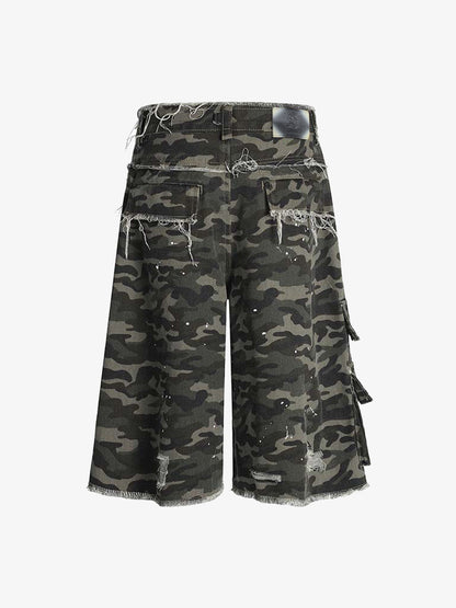 Distressed Camouflage Denim Cargo Shorts with Ripped Details and Embroidered Logo?
