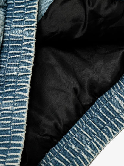 Retro Washed Denim Faux Fur Collar Quilted Jacket 