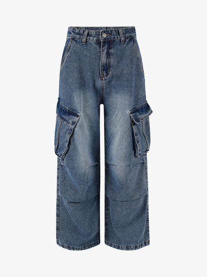 Retro Washed Cargo Multi-Pocket Straight Jeans