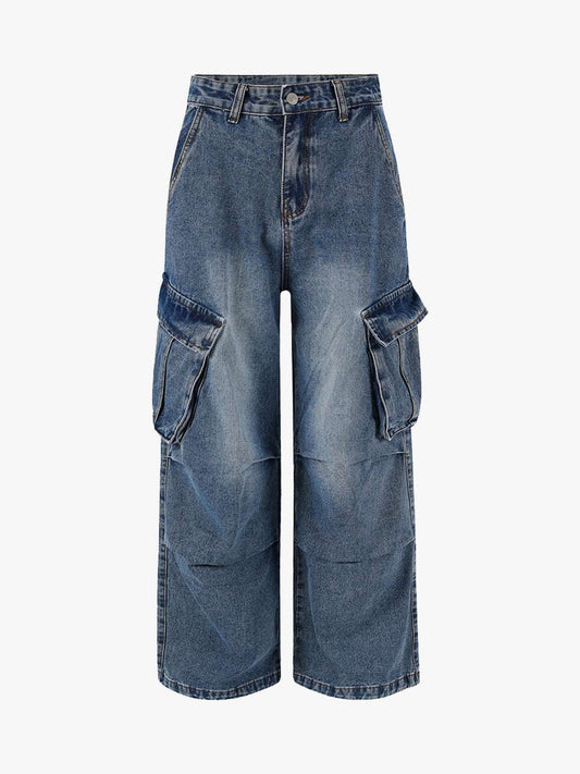 Retro Washed Cargo Multi-Pocket Straight Jeans