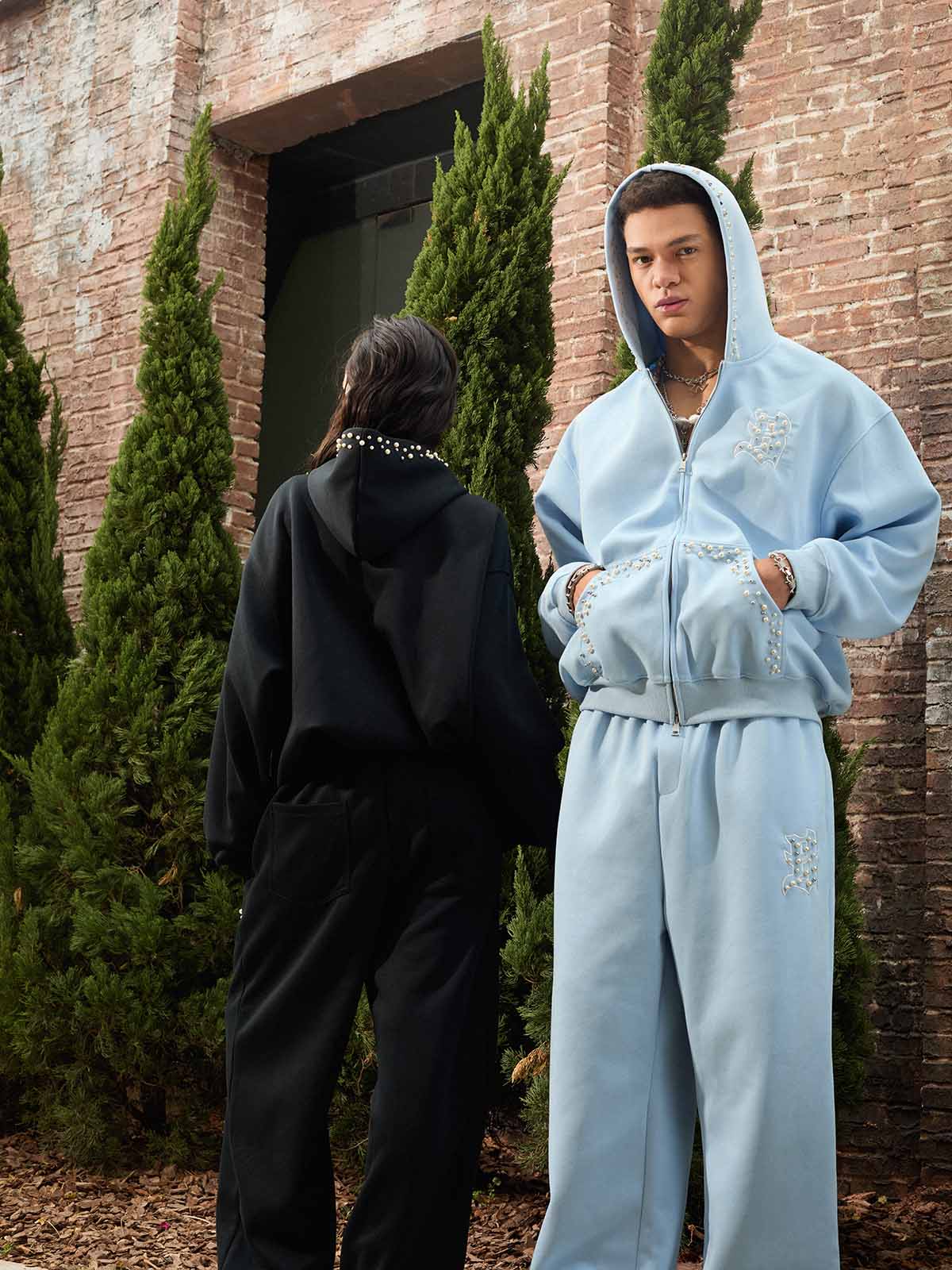 Cotton Blend Embroidered Pearl Detail Track Jacket with Zip Front and Hood 