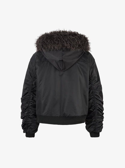 Detachable Faux Fur Collar Ruched Sleeve Bomber Jacket 