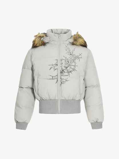 Retro Dark Print Faux Fur Collar Quilted Jacket 