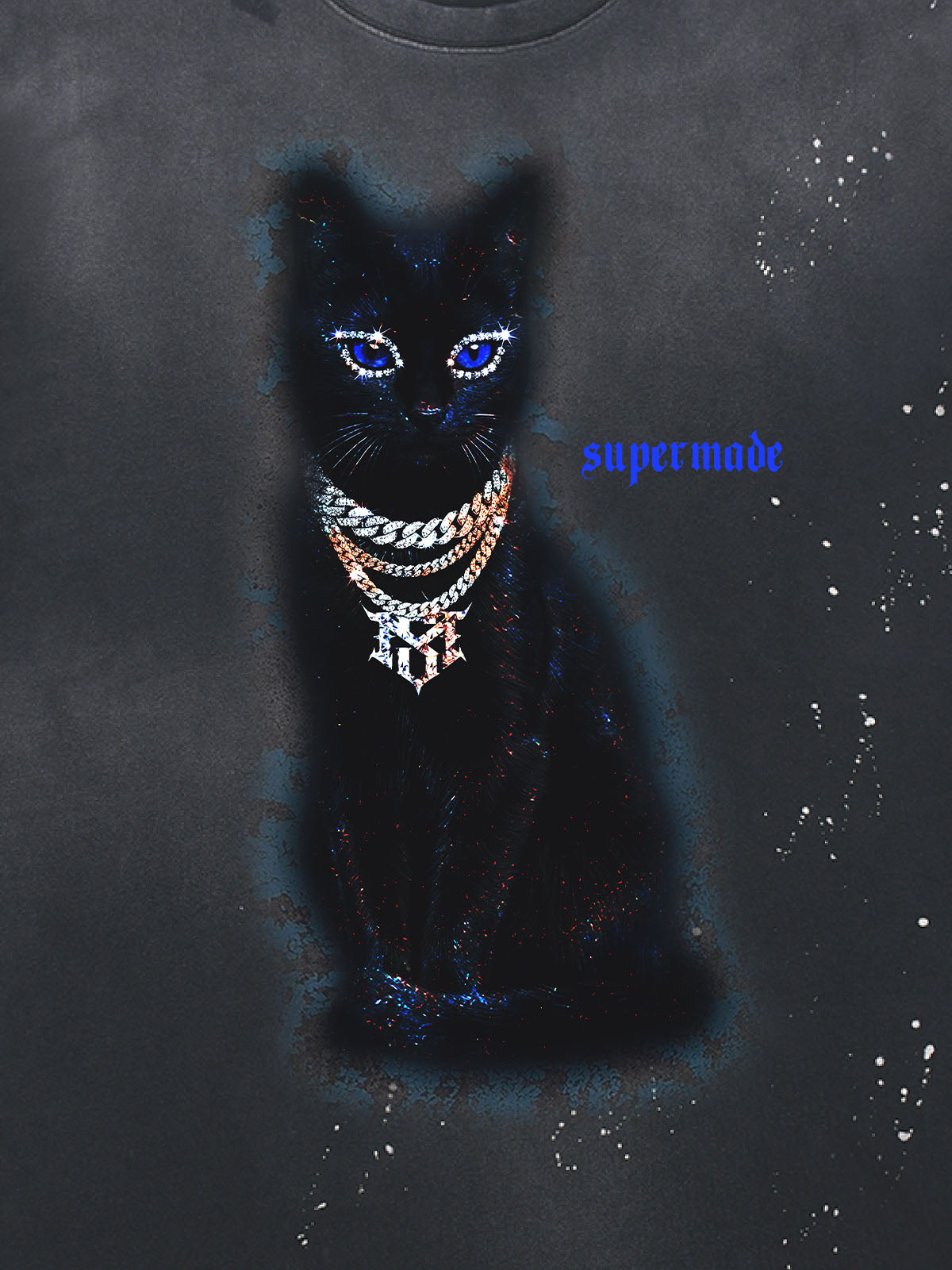 Cotton Black Cat Graphic T-Shirt with Chain Print and Splatter Design?