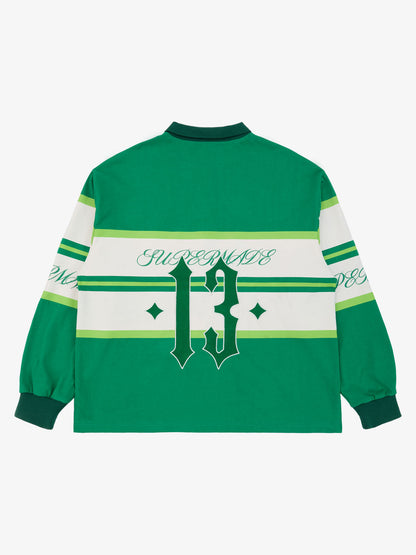 Supermade Color-Blocked Polo Collar Embroidered Print Long-Sleeved Jersey?