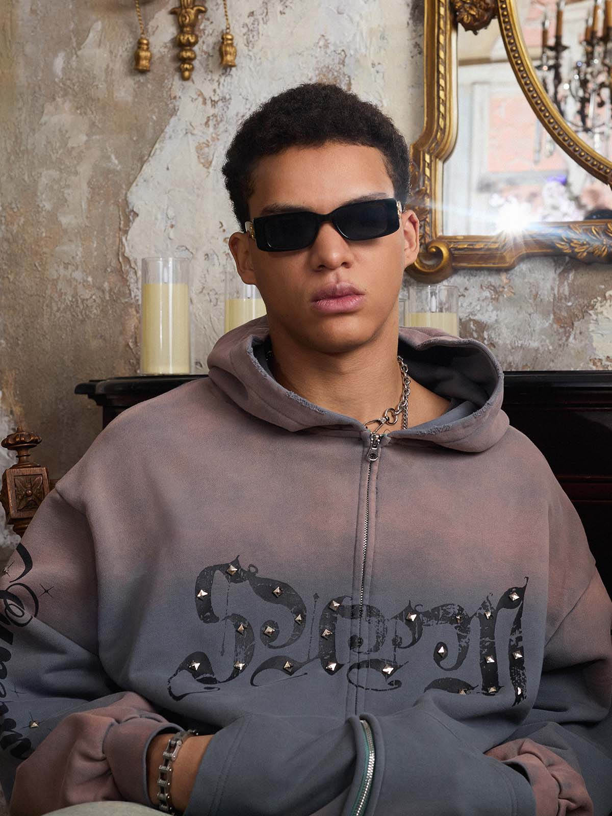 Supermade Vintage Distressed Studded Gothic Font Zipper Sweatshirt?