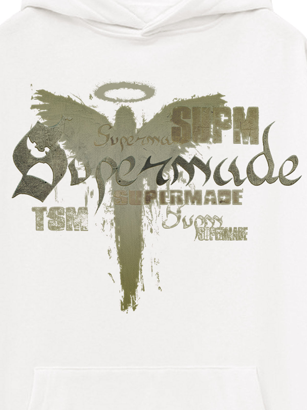 THE SUPERMADE A distressed trend print pattern hoodie that combines angel wings and gothic font elements 