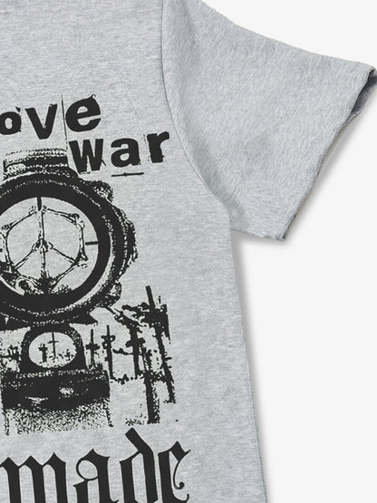 Cotton blend loose-fitting stand-up collar button-front short-sleeved T-shirt with anti-war print. 