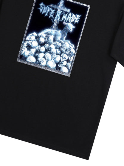 The Supermade-Cotton Black And White"The Silence Of The Lambs" T-Shirt With Gothic Cross And Skulls Graphic Print - Dark 