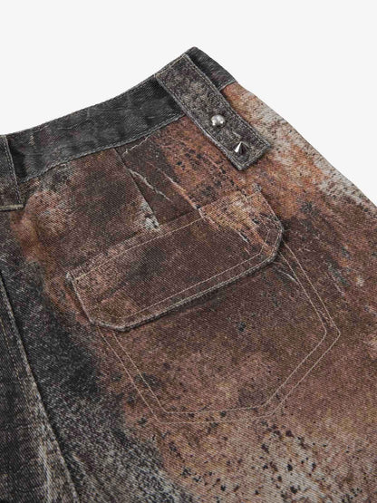 Antique-style Heavy Industry 3D Digital Printing Denim Bell-bottom Work Pants 