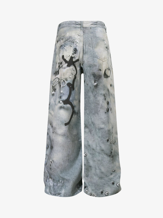 Abstract 3D Digital Print Wide-Leg Jeans