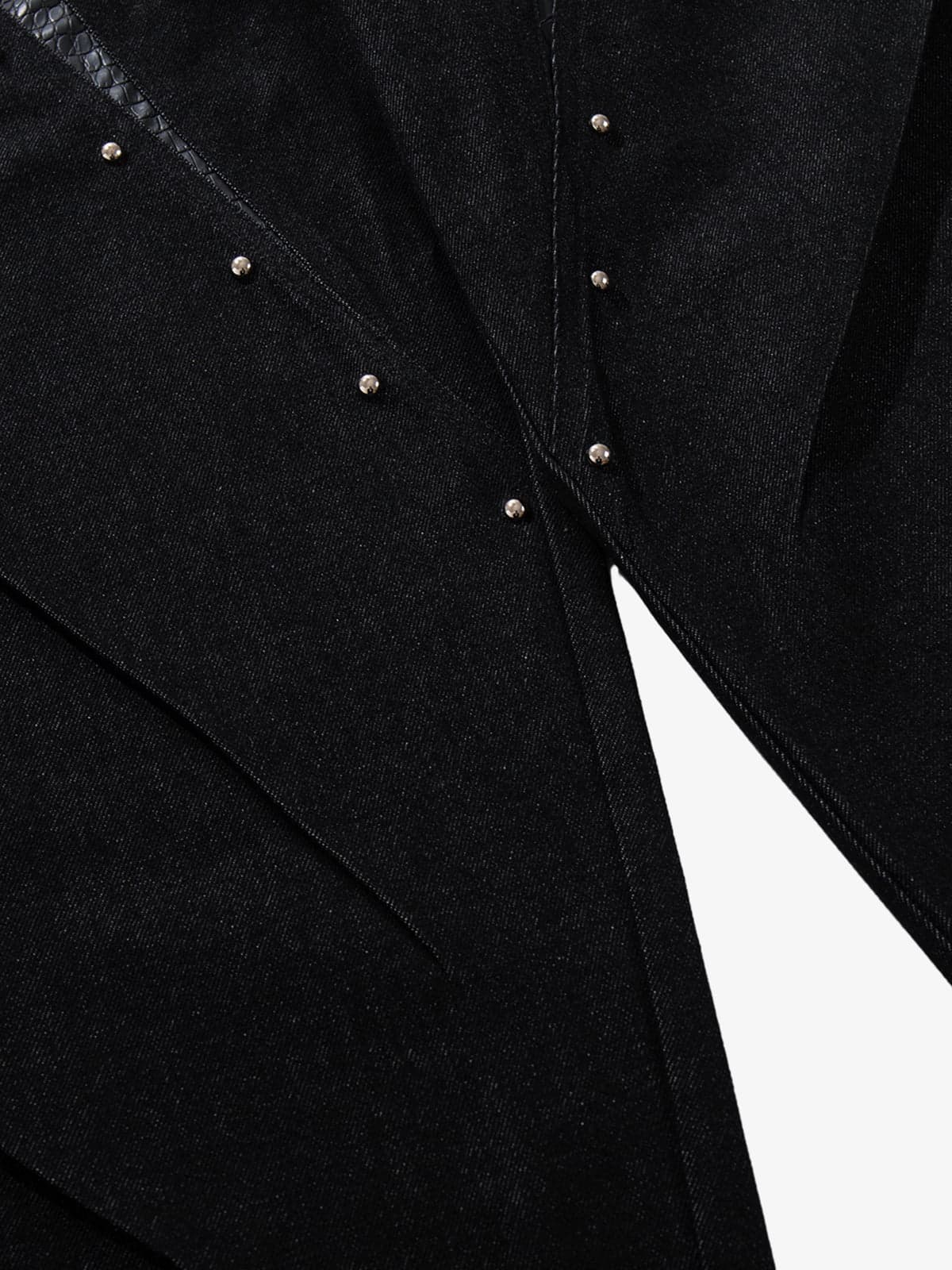 Black Denim Wide-Leg Cropped Pants with Leather Panels and Stud Details?