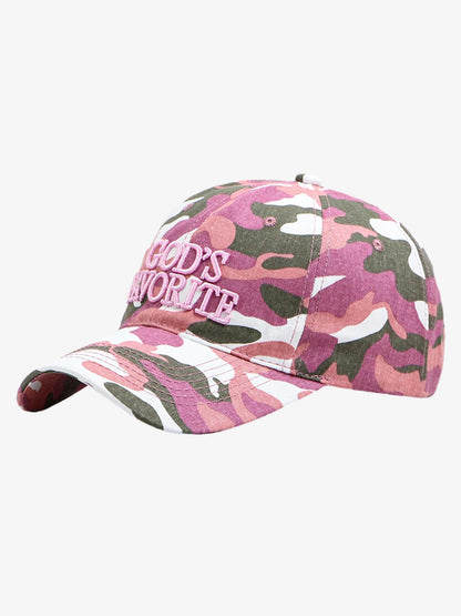 Cotton Blend Pink Camouflage Baseball Cap with "God's Favorite" Embroidery 