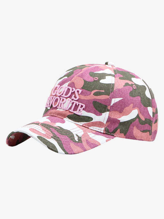 Cotton Blend Pink Camouflage Baseball Cap with "God's Favorite" Embroidery 
