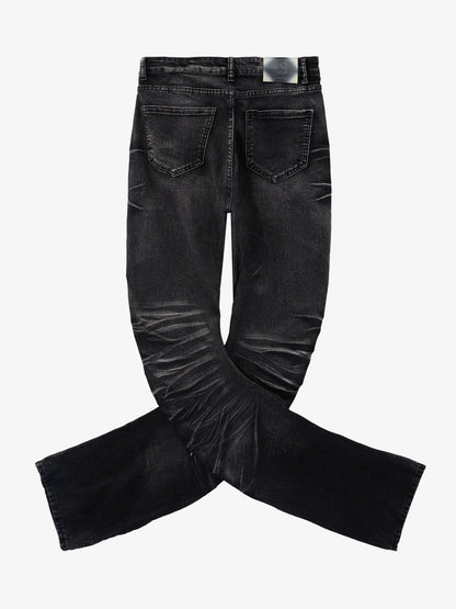 Black Denim Flared Jeans with Button Front High Waist Design?