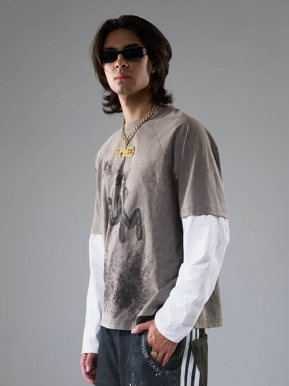 复古撞色拼接洗水做旧印花T恤 