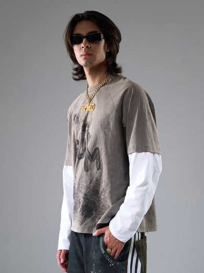 复古撞色拼接洗水做旧印花T恤 