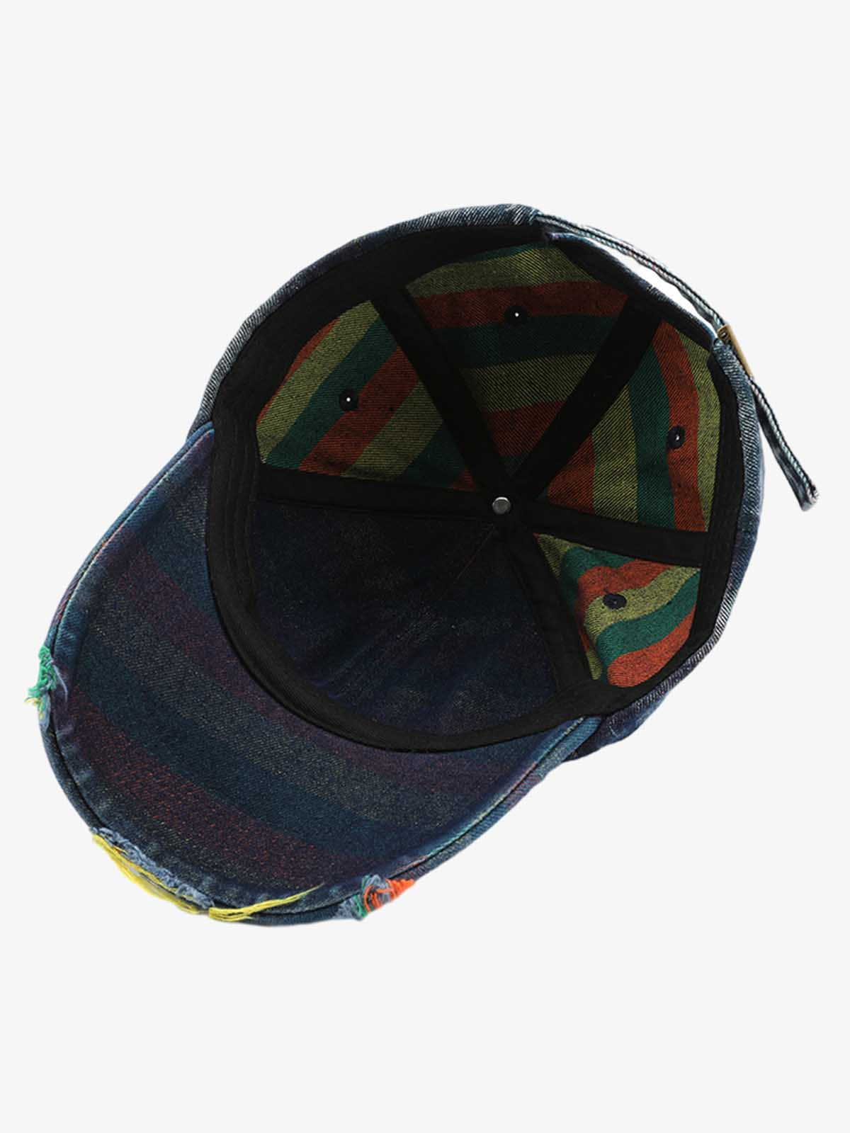 Denim Baseball Cap with Distressed Design and Colorful Stitching for Casual Wear?