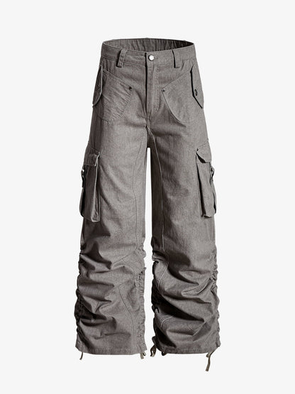 Cotton Twill Cargo Pants for Men Wide Leg Streetwear Style with Multiple Pockets and Drawstring Hem?