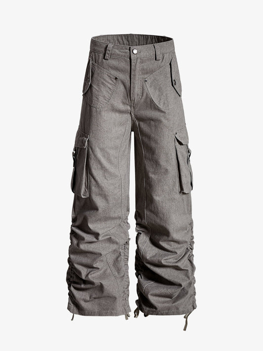 Cotton Twill Cargo Pants for Men Wide Leg Streetwear Style with Multiple Pockets and Drawstring Hem?