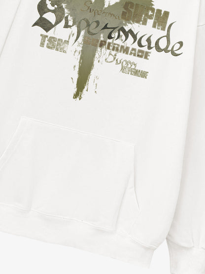 THE SUPERMADE A distressed trend print pattern hoodie that combines angel wings and gothic font elements 