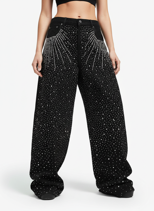 Retro Denim Full Rhinestone Design Baggy Jeans