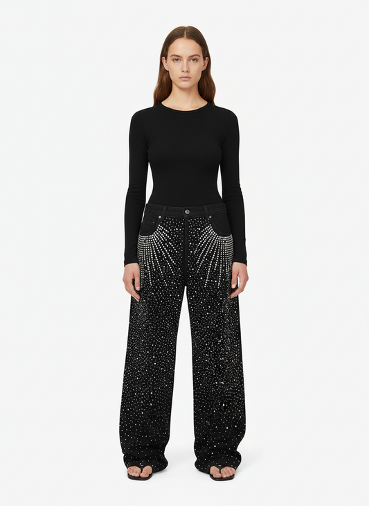 Retro Denim Full Rhinestone Design Baggy Jeans