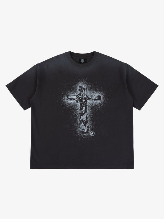 Supermade Distressed Rebellious Gun and Cross Print T-Shirt?