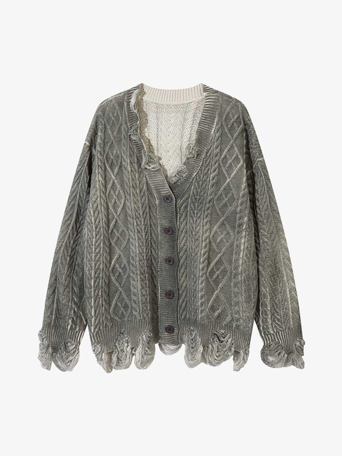 Cable Knit Cardigan Damaged Dirty Dyed Sweater 