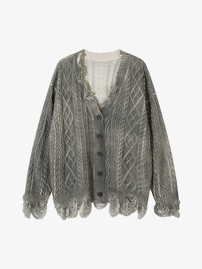 Cable Knit Cardigan Damaged Dirty Dyed Sweater 