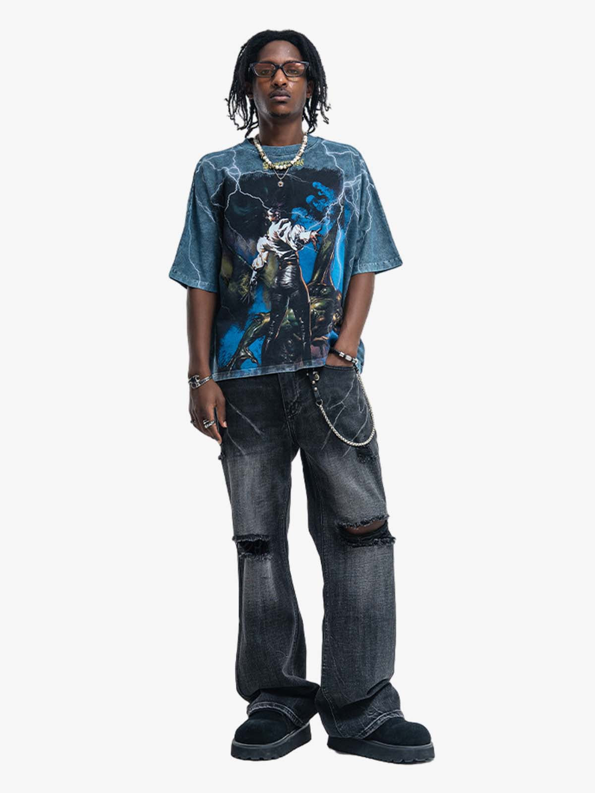 300G Jade Pattern Dyed Cotton T-Shirt with Lightning Graphic Print Oversized Streetwear Tee?