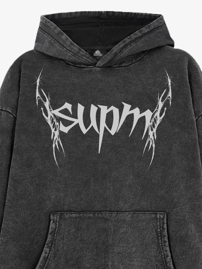 THE SUPERMADE Futuristic spiked pattern gothic style logo font design  Graphic Print Hoodie with Front Pocket 
