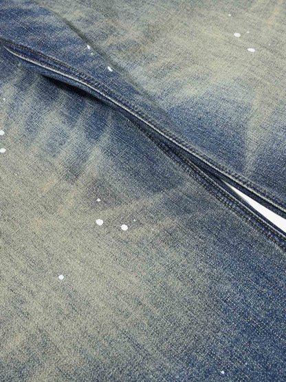 Washed Paint-Splatter Pleated Wide-Leg Barrel Jeans 