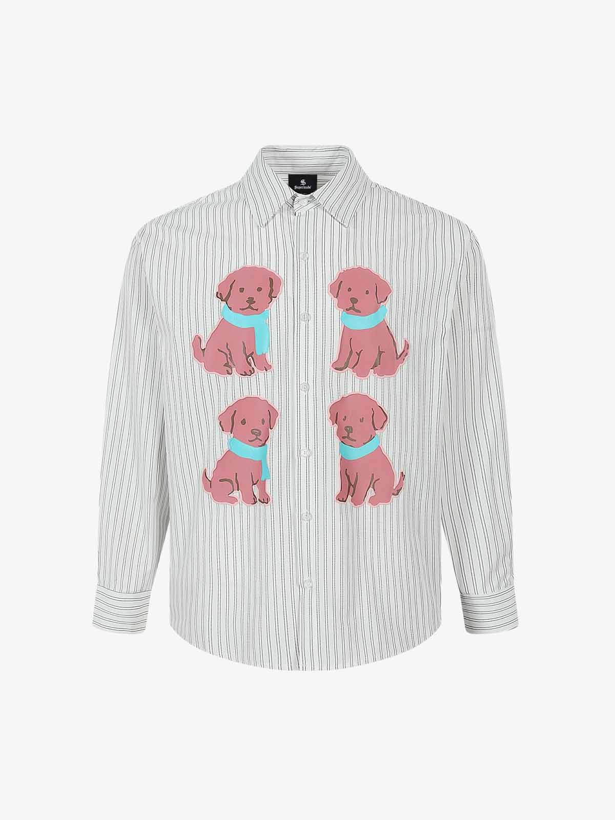 Cotton Pique Dog Print Long Sleeve Shirt for Men - Fun Animal Pattern Casual Button Down Top 