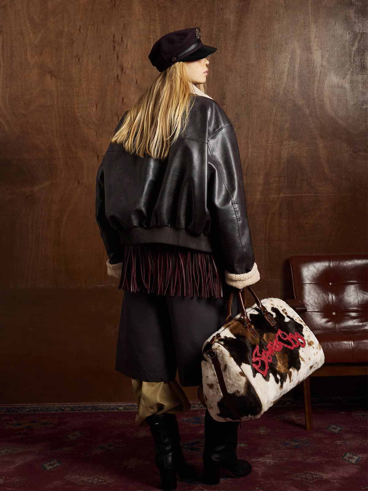 Vintage Shearling Collar Quilted Leather Jacket