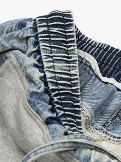Vintage Wash Denim Waistband Patchwork Sweatpants