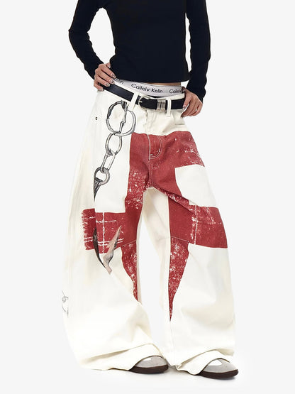 Supermade Retro Distressed Print Heavyweight Canvas Baggy Pants 