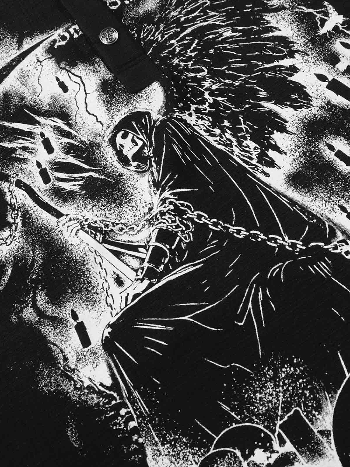 Cotton Long Sleeve Henley Shirt with Gothic Reaper Print Dark Black Graphic Sweatshirt for Men?