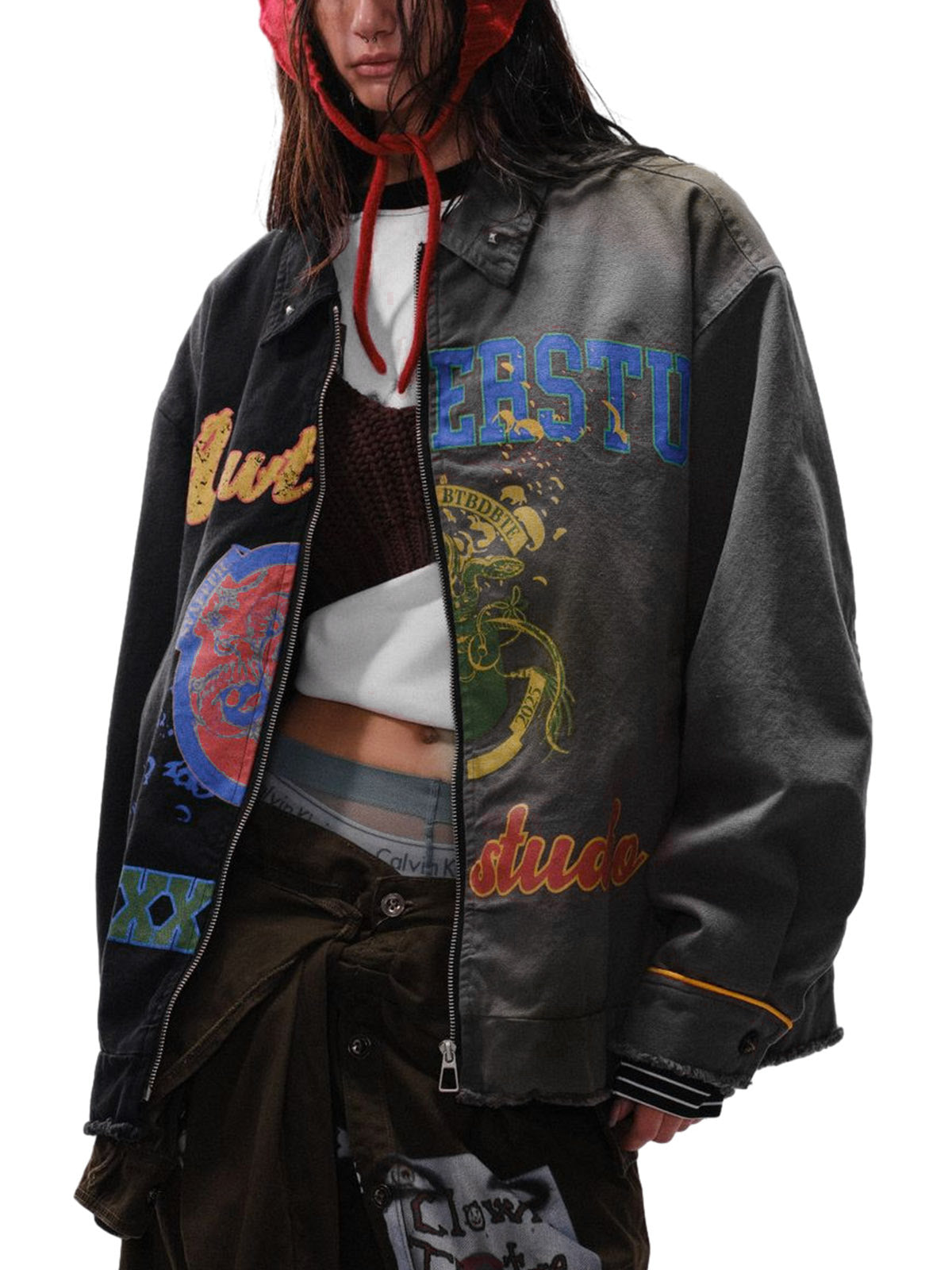 Contrast Color Spliced Graffiti Zip Up Jacket 