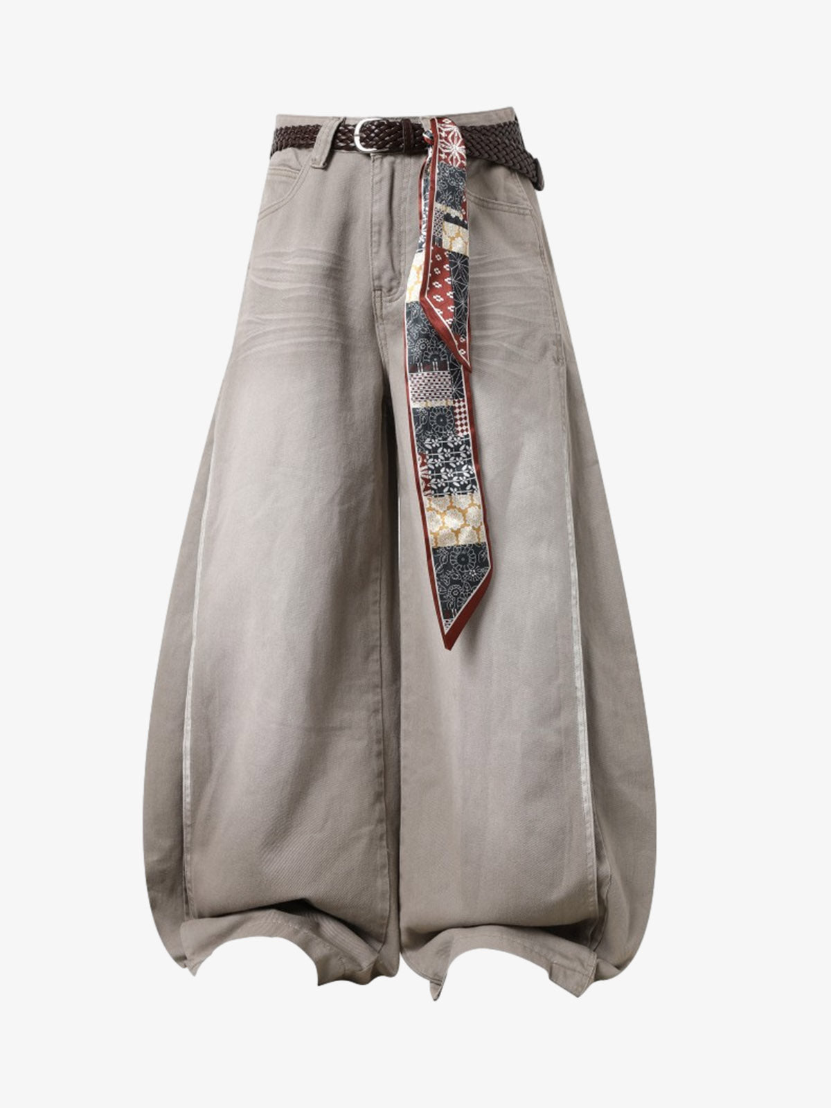 Cotton Wide Leg Pants with Belted Scarf Detail - Comfortable High Waist Culottes for Women 