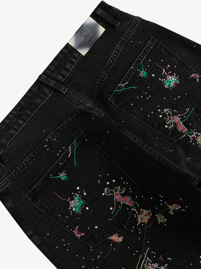 Vintage Floral Embroidery Rhinestone Straight Jeans 