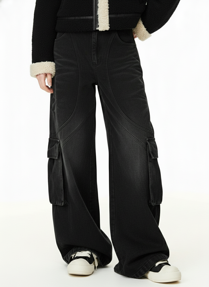 Washed Distressed Multi-Pocket Cargo Jeans