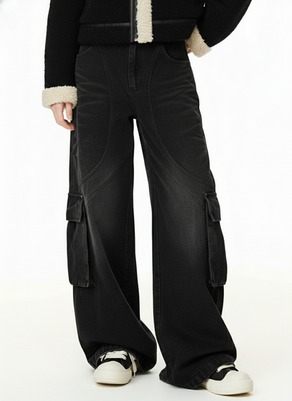 Washed Distressed Multi-Pocket Cargo Jeans