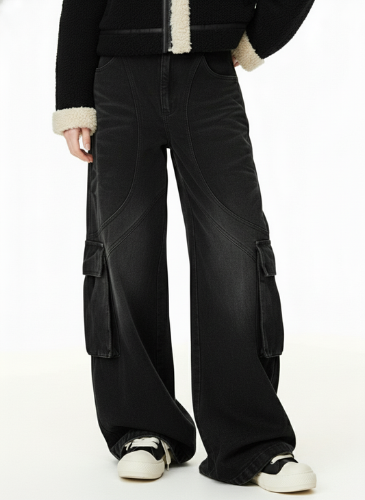 Washed Distressed Multi-Pocket Cargo Jeans