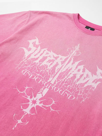 Thesupermade-Unisex Loose-fit Gradient Pink And Black Street Punk T-shirt With Gothic Pattern Print, Suitable For Street?