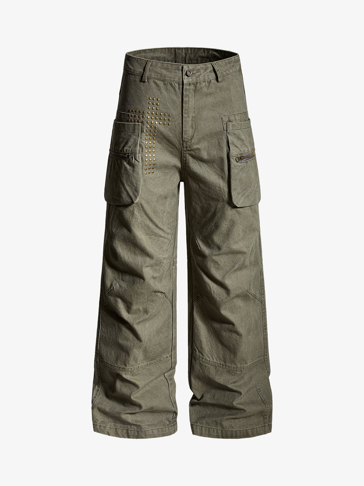 Cotton Twill Cargo Pants with Metal Studs Design Wide Leg Trousers for Men?