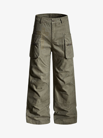 Cotton Twill Cargo Pants with Metal Studs Design Wide Leg Trousers for Men?