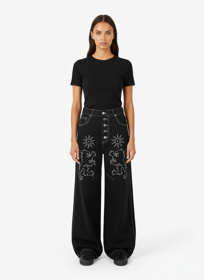 Heavy Contrast Thread Embroidered Multi-Button Jeans