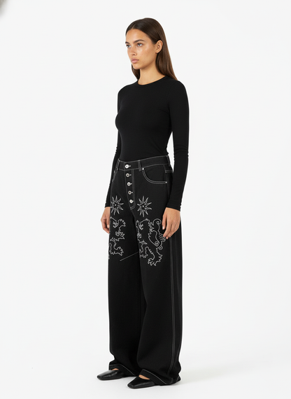 Heavy Contrast Thread Embroidered Multi-Button Jeans